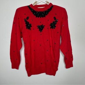1980s DANA SCOTT RED & BLACK SEQUIN VINTAGE SWEATER SZ M